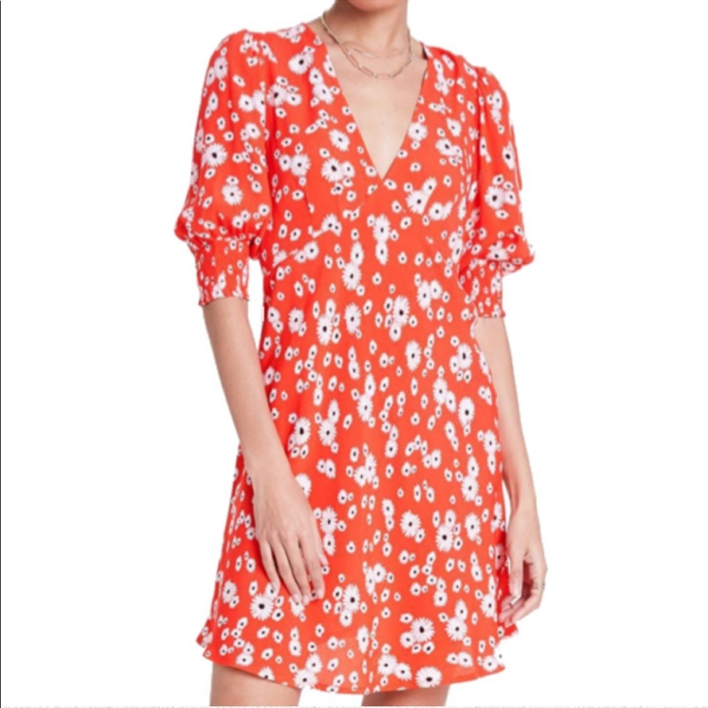 NWT Rixo Floral Puff Sleeve Swing Dress Red Orange Daisy Limited Edition size 2